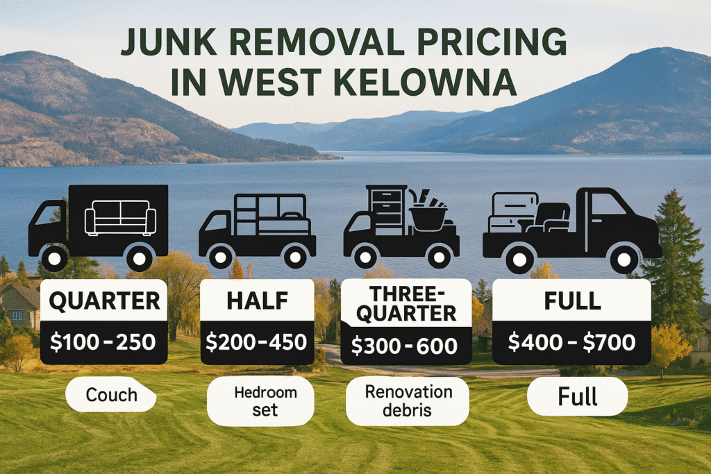Cost chart for junk removal in West Kelowna showing truckload sizes and price ranges